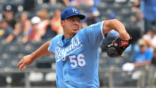 Jun 25, 2022; Kansas City, Missouri, USA; Kansas City Royals starting pitcher Brad Keller (56) delivers a pitch during the first inning against the Oakland Athletics at Kauffman Stadium. Mandatory Credit: Peter Aiken-USA TODAY Sports